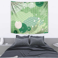 Green Palaka Japanese Patterns Tapestry Asanoha Seigaiha Sakura Motif - Polynesian Pride