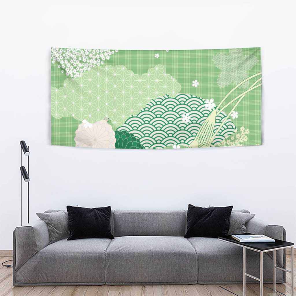 Green Palaka Japanese Patterns Tapestry Asanoha Seigaiha Sakura Motif - Polynesian Pride