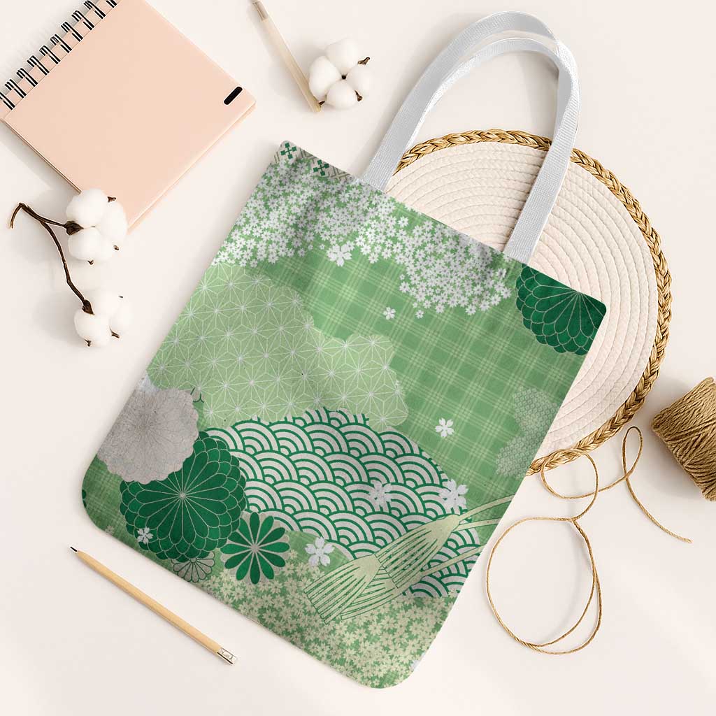 Green Palaka Japanese Patterns Tote Bag Asanoha Seigaiha Sakura Motif - Polynesian Pride