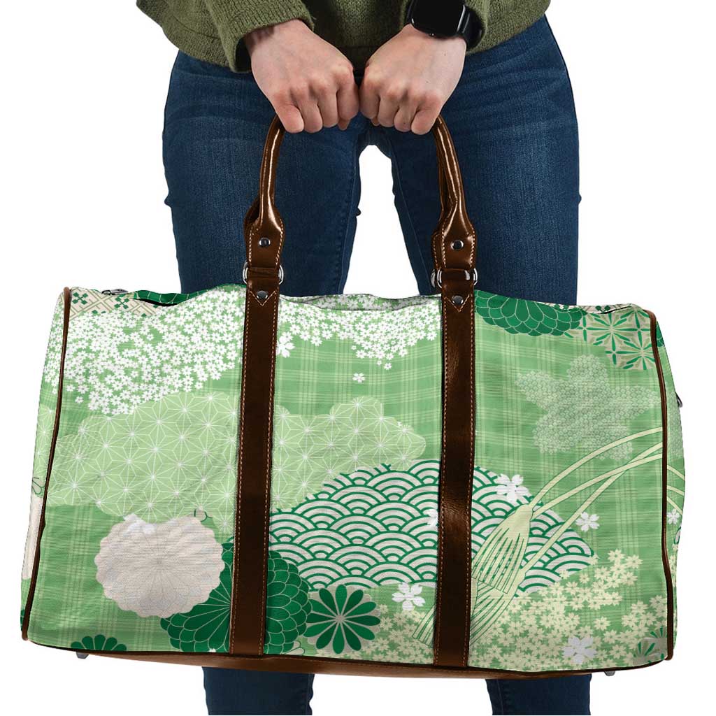 Green Palaka Japanese Patterns Travel Bag Asanoha Seigaiha Sakura Motif LT14 Green - Polynesian Pride