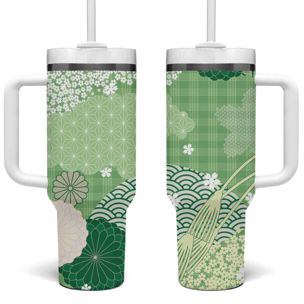 Green Palaka Japanese Patterns Tumbler With Handle Asanoha Seigaiha Sakura Motif - Polynesian Pride