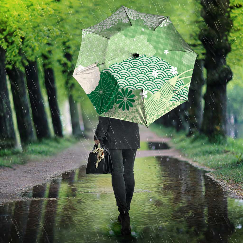 Green Palaka Japanese Patterns Umbrella Asanoha Seigaiha Sakura Motif - Polynesian Pride