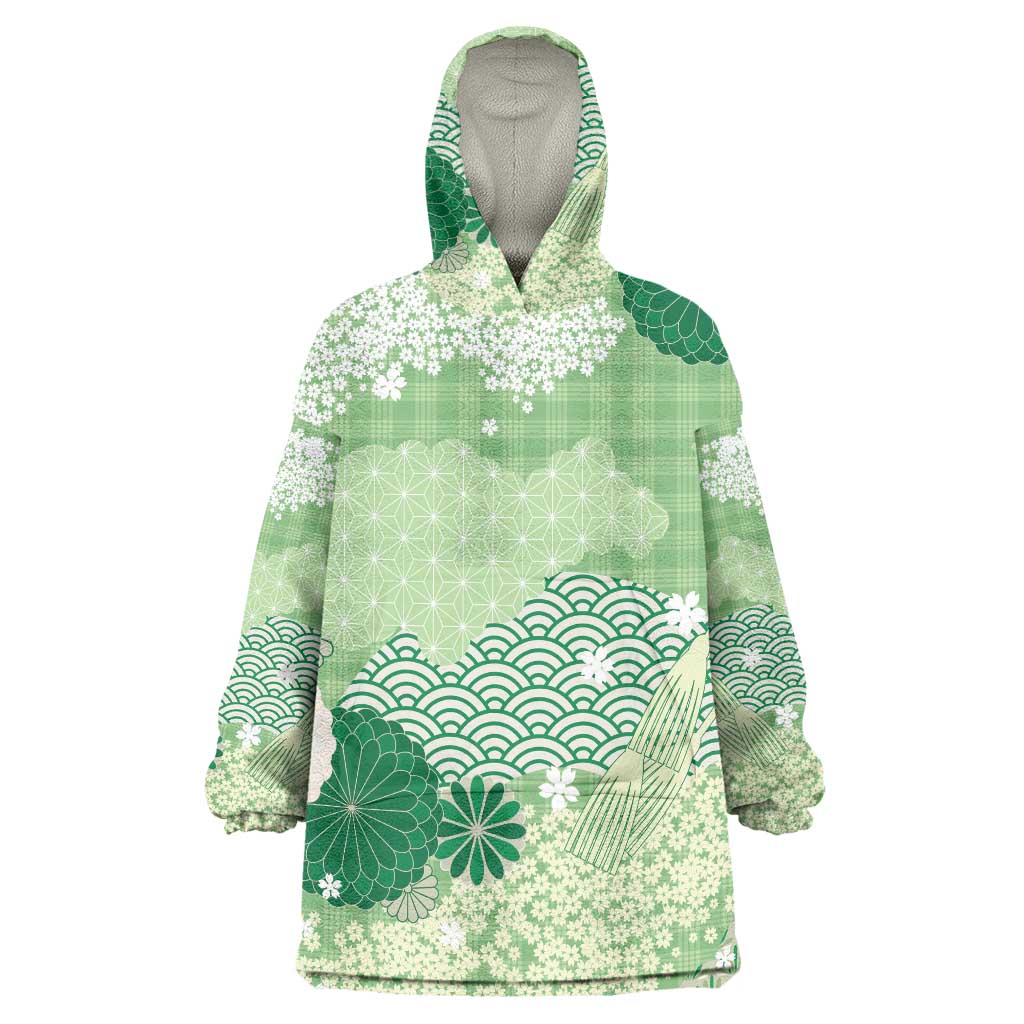 Green Palaka Japanese Patterns Wearable Blanket Hoodie Asanoha Seigaiha Sakura Motif LT14 One Size Green - Polynesian Pride