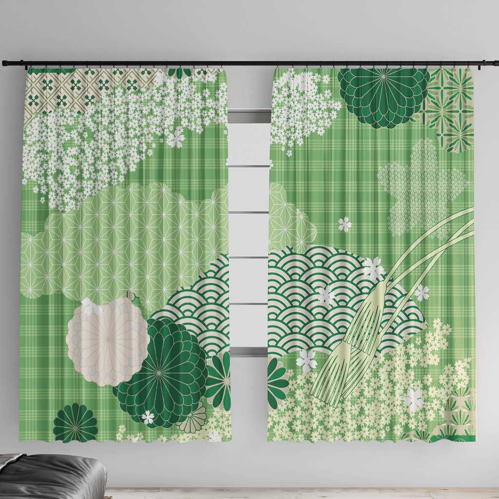 Green Palaka Japanese Patterns Window Curtain Asanoha Seigaiha Sakura Motif LT14 With Hooks Green - Polynesian Pride