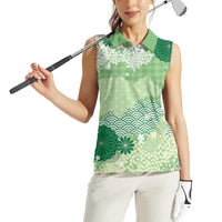 Green Palaka Japanese Patterns Women Sleeveless Polo Shirt Asanoha Seigaiha Sakura Motif - Polynesian Pride