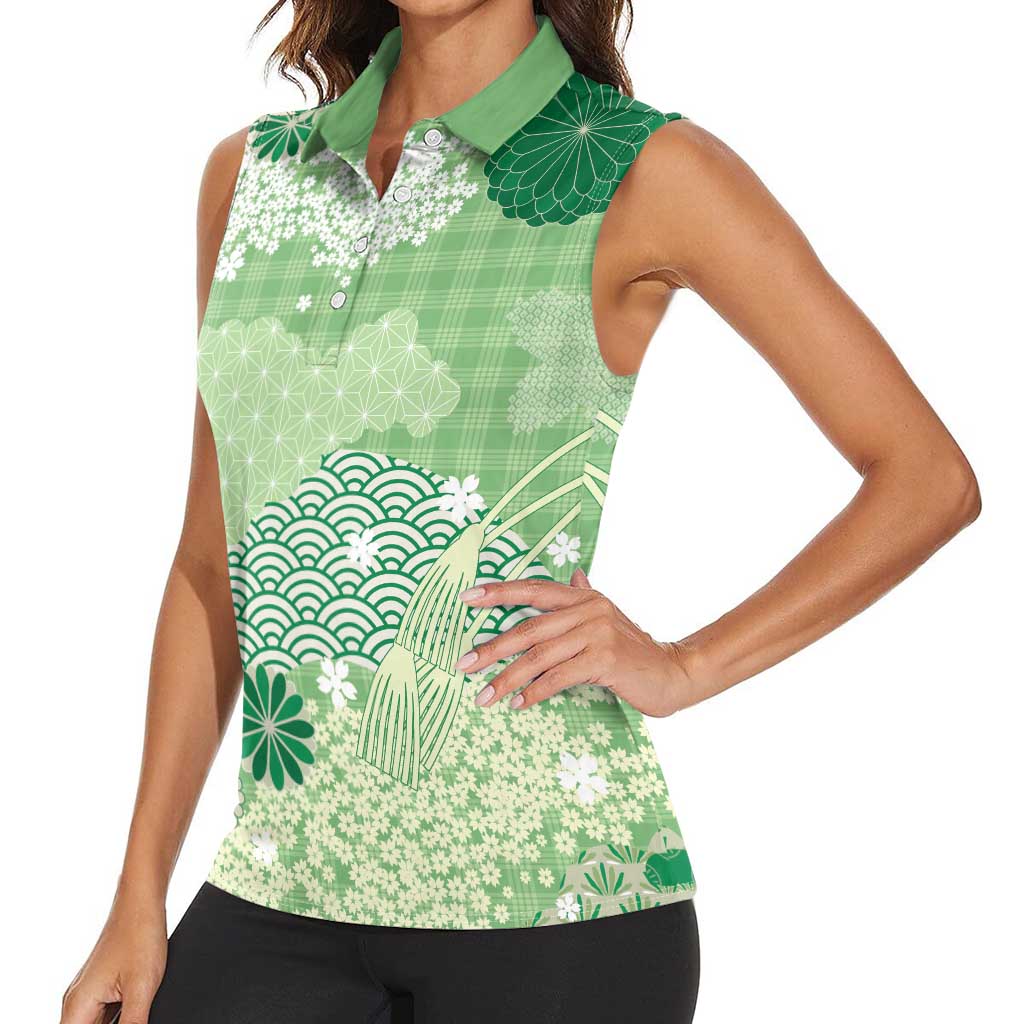 Green Palaka Japanese Patterns Women Sleeveless Polo Shirt Asanoha Seigaiha Sakura Motif - Polynesian Pride