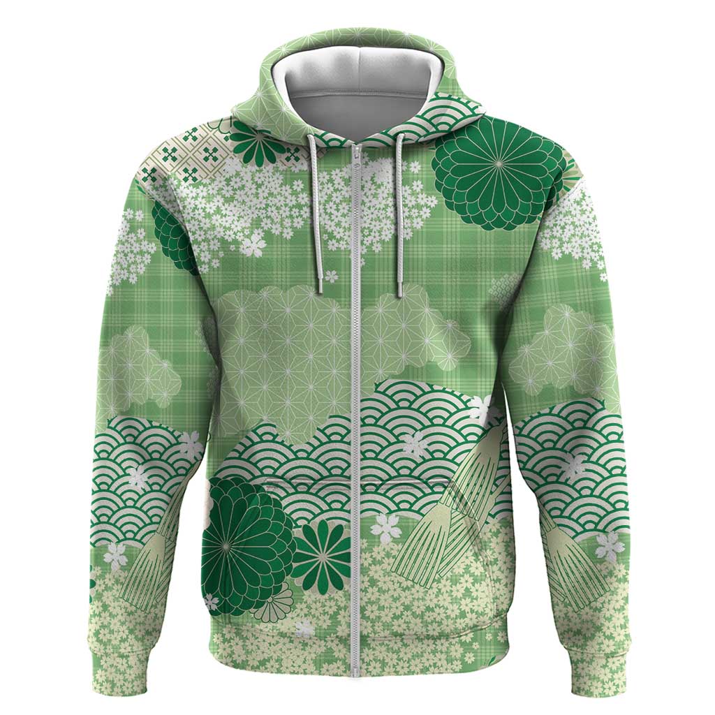 Green Palaka Japanese Patterns Zip Hoodie Asanoha Seigaiha Sakura Motif LT14 Zip Hoodie Green - Polynesian Pride