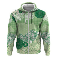 Green Palaka Japanese Patterns Zip Hoodie Asanoha Seigaiha Sakura Motif - Polynesian Pride