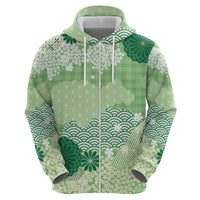 Green Palaka Japanese Patterns Zip Hoodie Asanoha Seigaiha Sakura Motif - Polynesian Pride