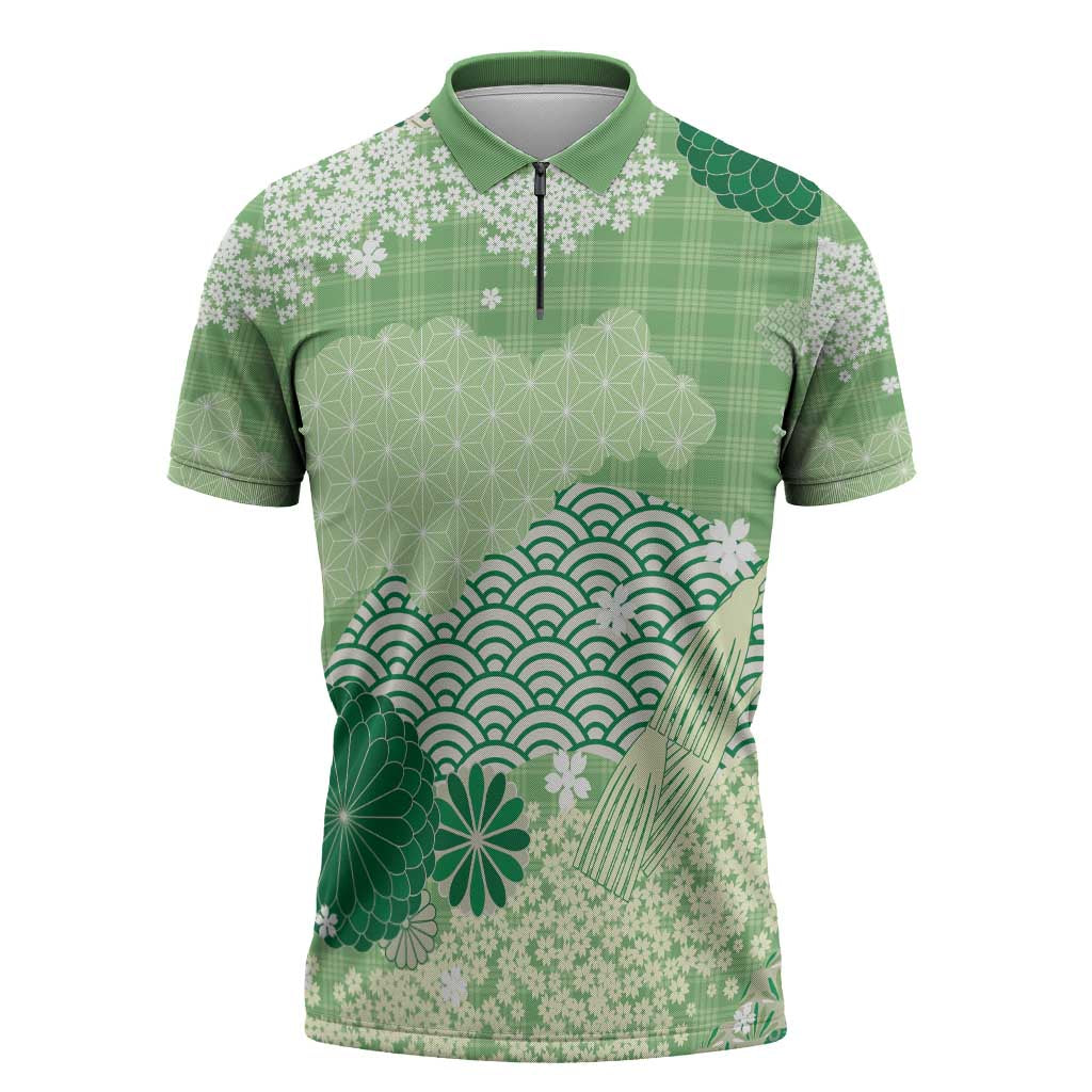 Green Palaka Japanese Patterns Zipper Polo Shirt Asanoha Seigaiha Sakura Motif LT14 Green - Polynesian Pride