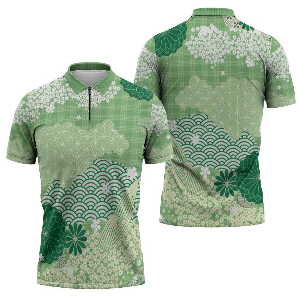 Green Palaka Japanese Patterns Zipper Polo Shirt Asanoha Seigaiha Sakura Motif - Polynesian Pride