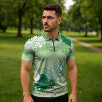 Green Palaka Japanese Patterns Zipper Polo Shirt Asanoha Seigaiha Sakura Motif - Polynesian Pride