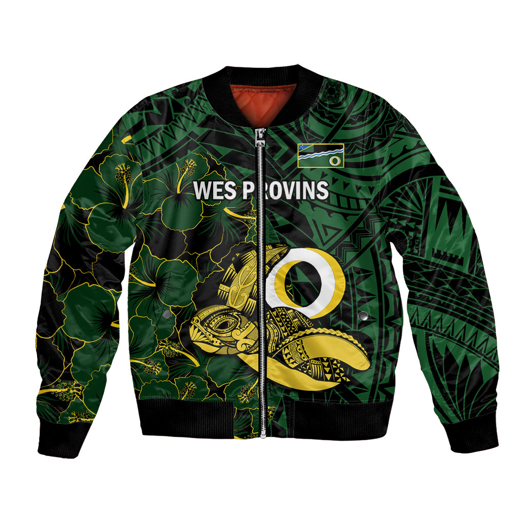 Personalised Solomon Islands Western Province Day Bomber Jacket Sea Turtle Mix Polynesian Hibiscus Pattern LT14 Unisex Green - Polynesian Pride