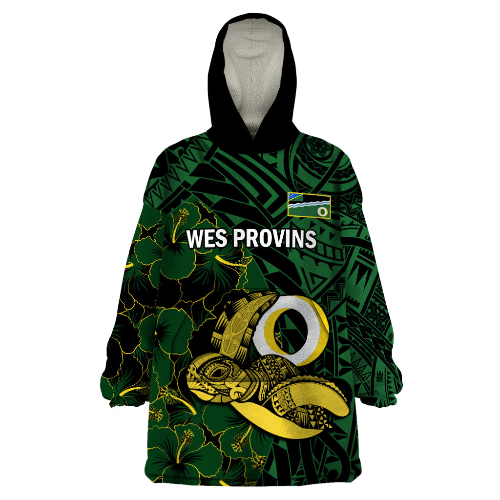 Personalised Solomon Islands Western Province Day Wearable Blanket Hoodie Sea Turtle Mix Polynesian Hibiscus Pattern LT14 One Size Green - Polynesian Pride