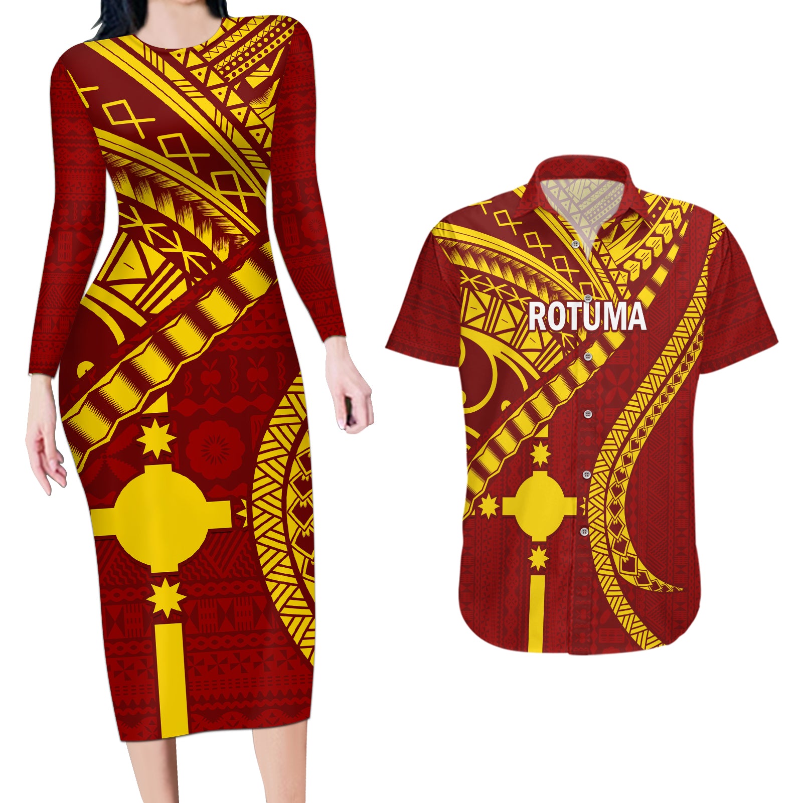 Personalised Fiji Rotuma Couples Matching Long Sleeve Bodycon Dress and Hawaiian Shirt Fijian Tapa Pattern LT14 Maroon - Polynesian Pride