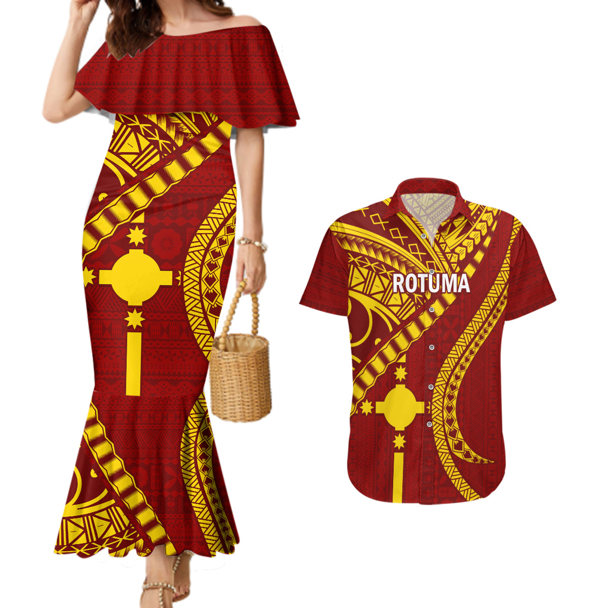 Personalised Fiji Rotuma Couples Matching Mermaid Dress and Hawaiian Shirt Fijian Tapa Pattern LT14 Maroon - Polynesian Pride