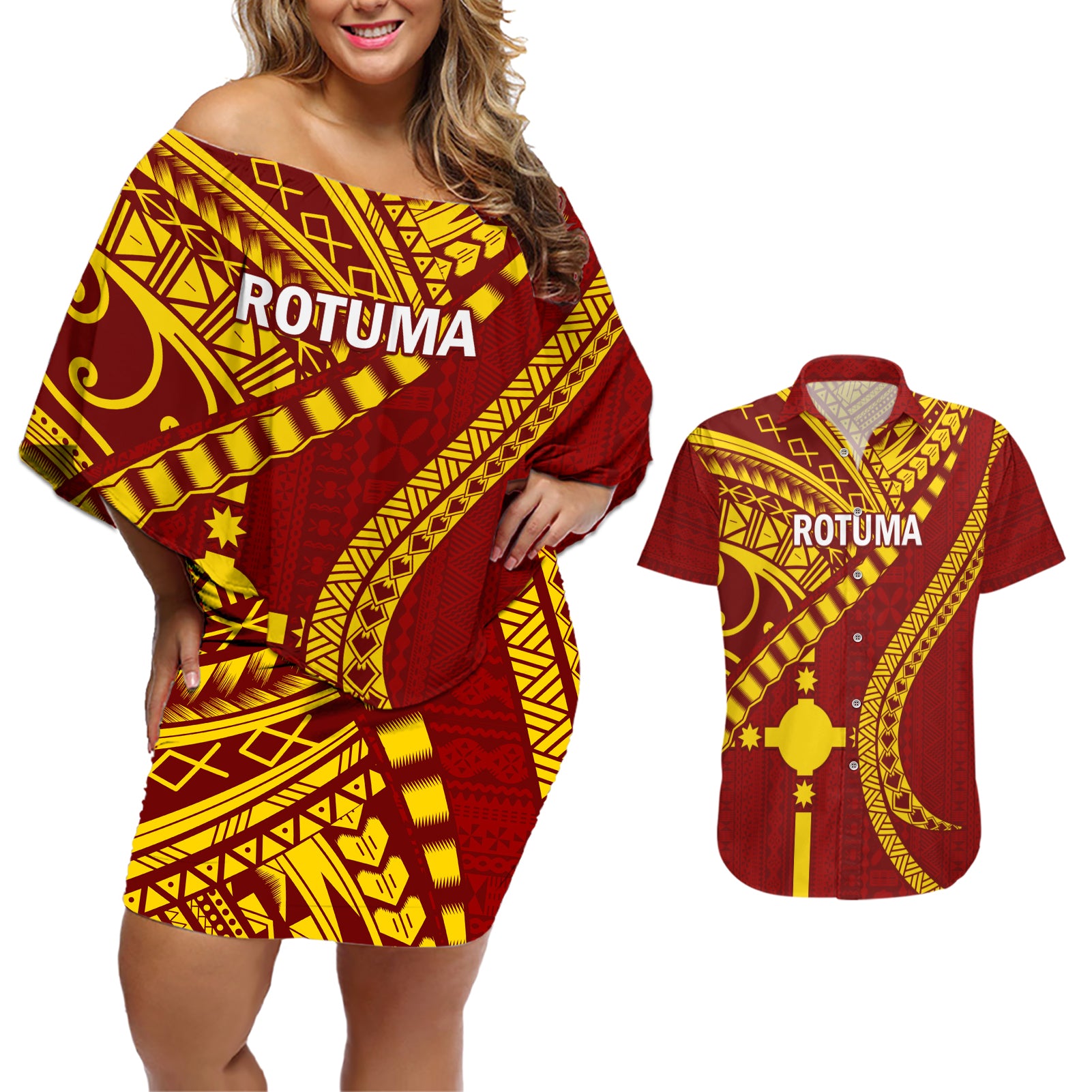 Personalised Fiji Rotuma Couples Matching Off Shoulder Short Dress and Hawaiian Shirt Fijian Tapa Pattern LT14 Maroon - Polynesian Pride