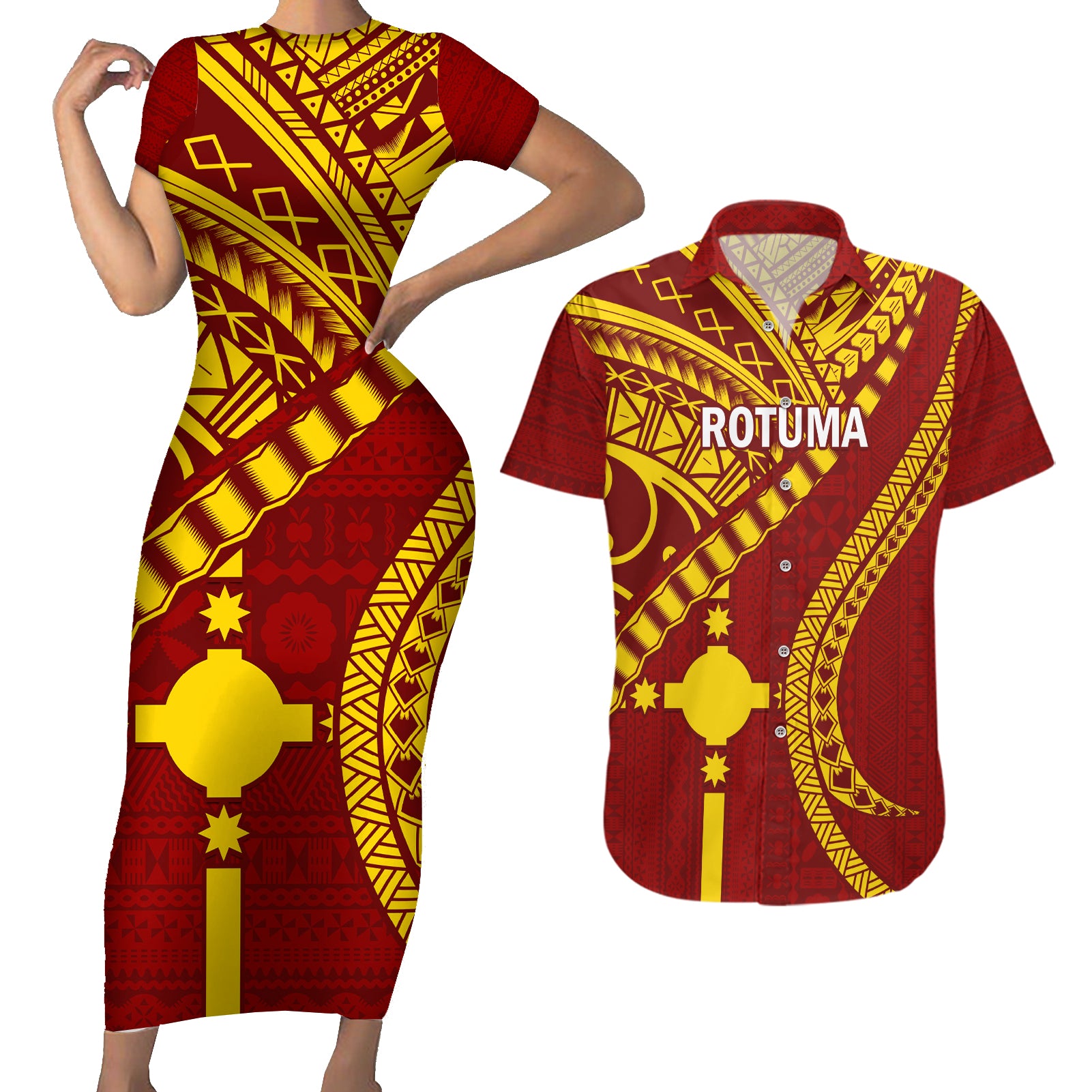 Personalised Fiji Rotuma Couples Matching Short Sleeve Bodycon Dress and Hawaiian Shirt Fijian Tapa Pattern LT14 Maroon - Polynesian Pride