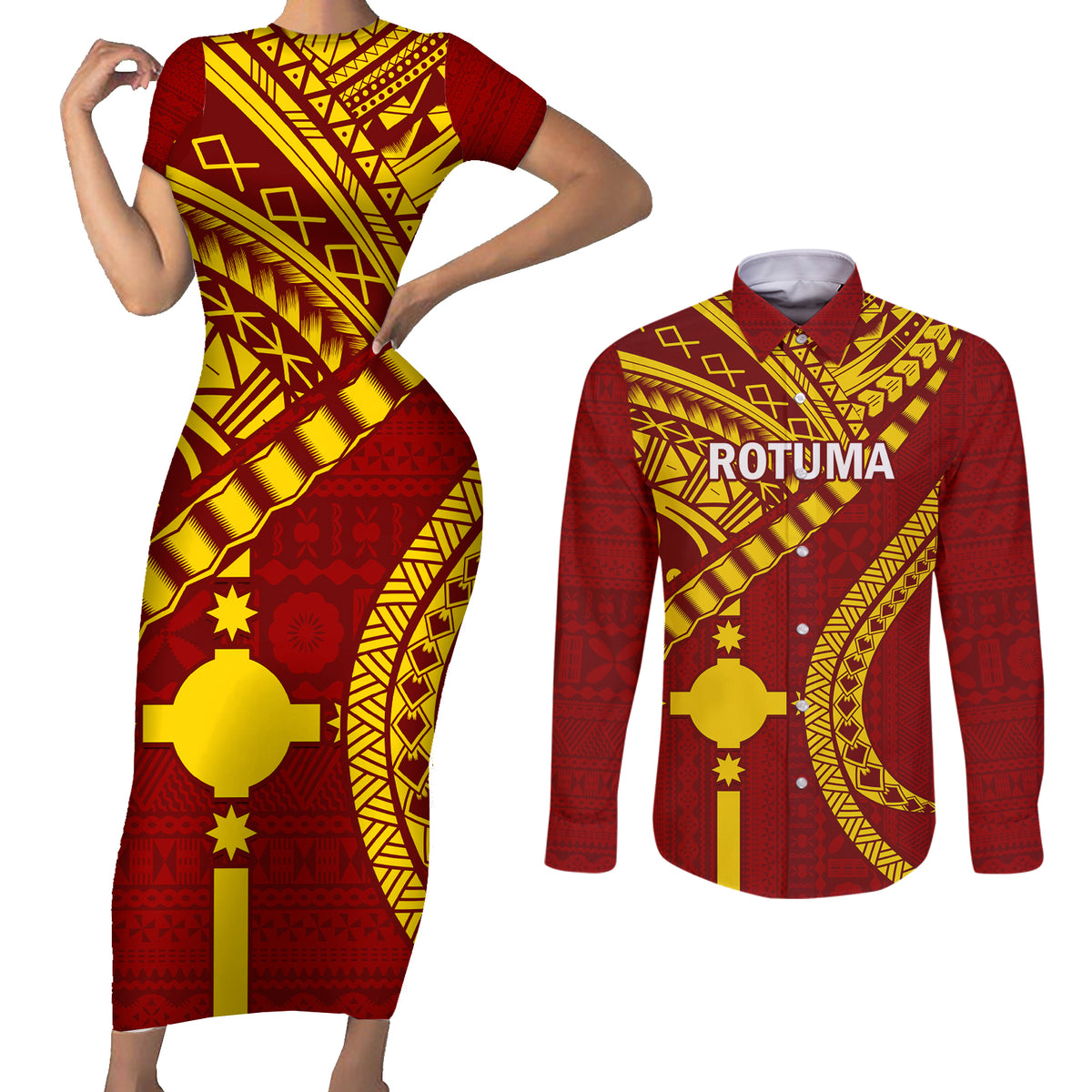 Personalised Fiji Rotuma Couples Matching Short Sleeve Bodycon Dress and Long Sleeve Button Shirt Fijian Tapa Pattern LT14 Maroon - Polynesian Pride