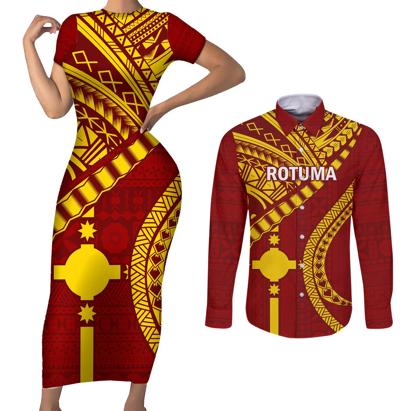 Personalised Fiji Rotuma Couples Matching Short Sleeve Bodycon Dress and Long Sleeve Button Shirt Fijian Tapa Pattern LT14 Maroon - Polynesian Pride