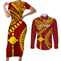 Personalised Fiji Rotuma Couples Matching Short Sleeve Bodycon Dress and Long Sleeve Button Shirt Fijian Tapa Pattern LT14 Maroon - Polynesian Pride