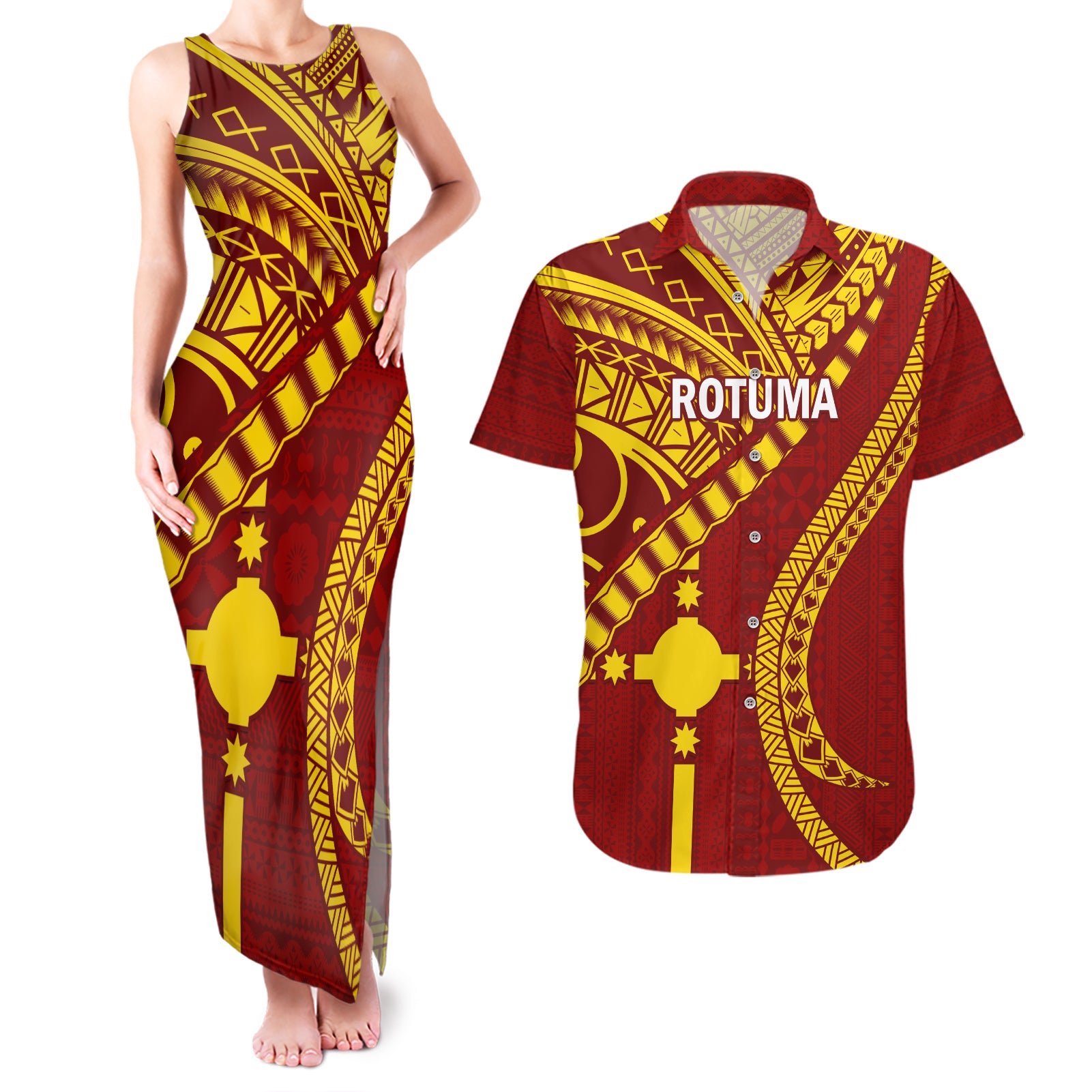 Personalised Fiji Rotuma Couples Matching Tank Maxi Dress and Hawaiian Shirt Fijian Tapa Pattern LT14 Maroon - Polynesian Pride