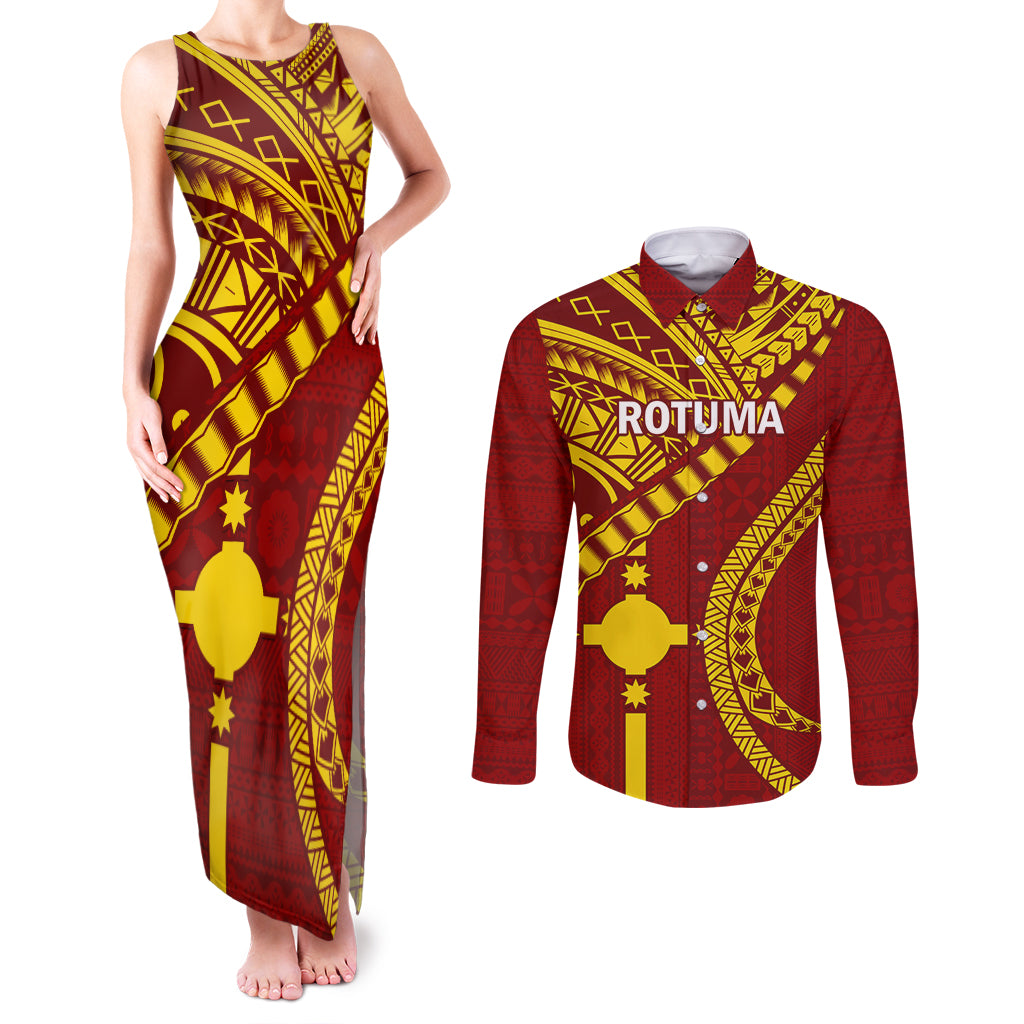 Personalised Fiji Rotuma Couples Matching Tank Maxi Dress and Long Sleeve Button Shirt Fijian Tapa Pattern LT14 Maroon - Polynesian Pride