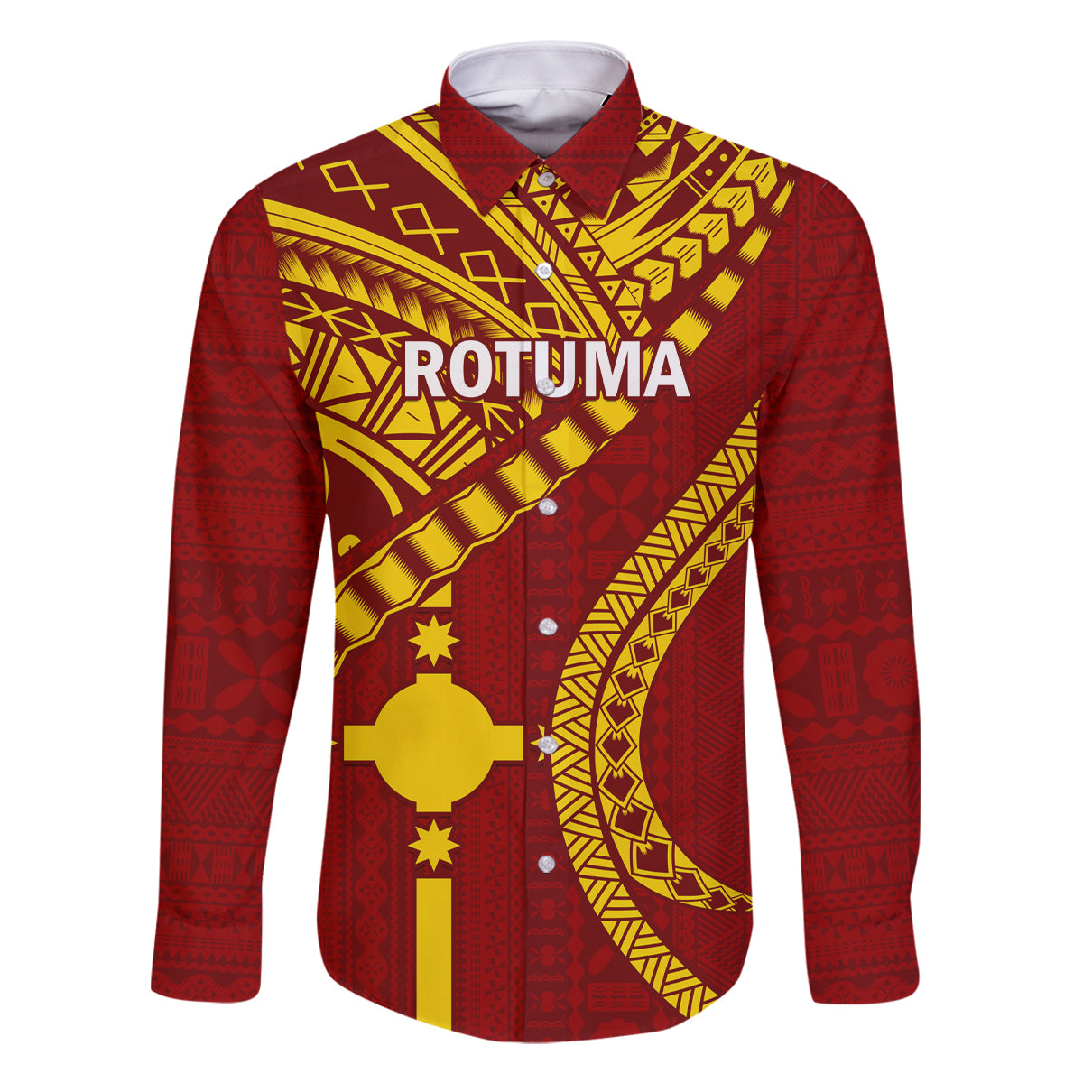 Personalised Fiji Rotuma Family Matching Off Shoulder Maxi Dress and Hawaiian Shirt Fijian Tapa Pattern LT14 Dad's Shirt - Long Sleeve Maroon - Polynesian Pride