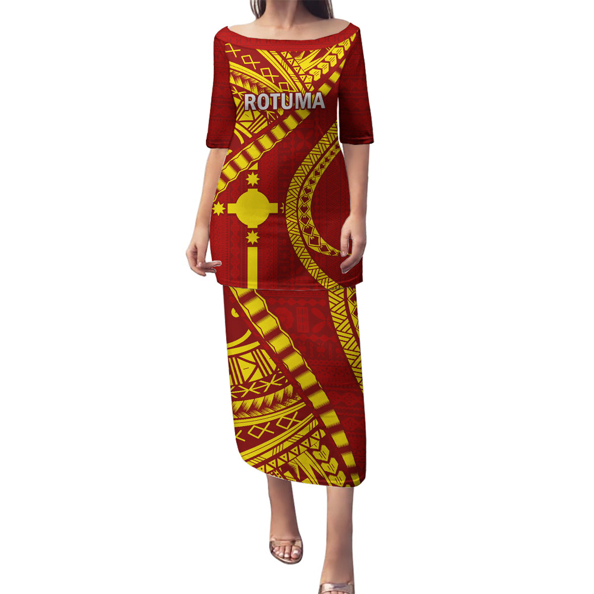 Personalised Fiji Rotuma Family Matching Puletasi Dress and Hawaiian Shirt Fijian Tapa Pattern LT14 Mom's Dress Maroon - Polynesian Pride
