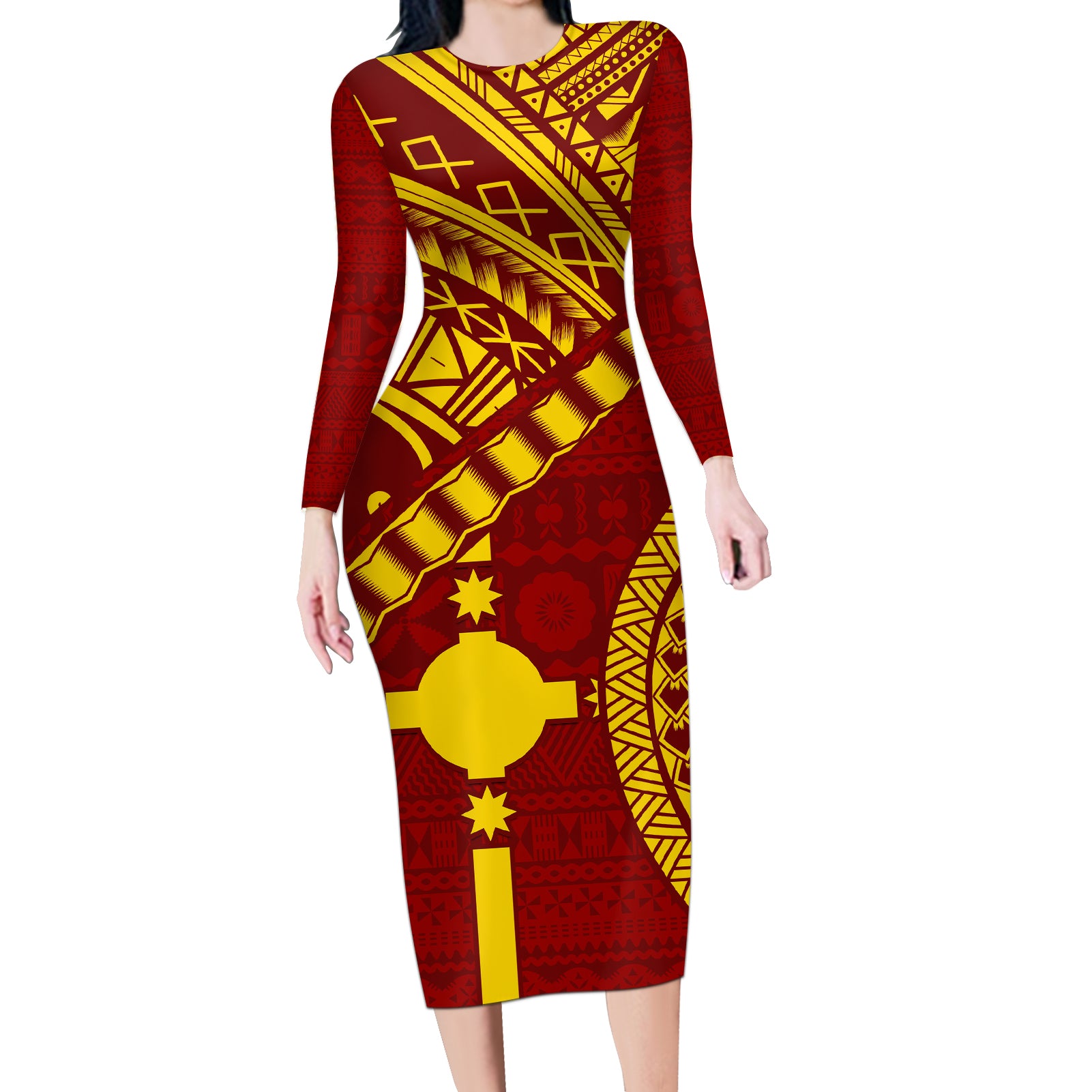 Personalised Fiji Rotuma Long Sleeve Bodycon Dress Fijian Tapa Pattern LT14 Long Dress Maroon - Polynesian Pride
