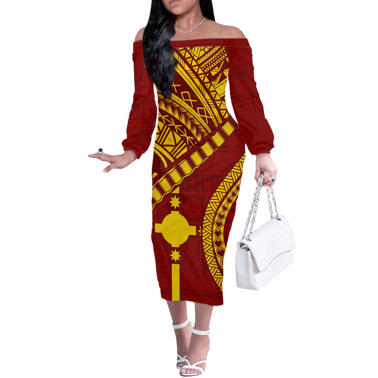 Personalised Fiji Rotuma Off The Shoulder Long Sleeve Dress Fijian Tapa Pattern LT14 Women Maroon - Polynesian Pride