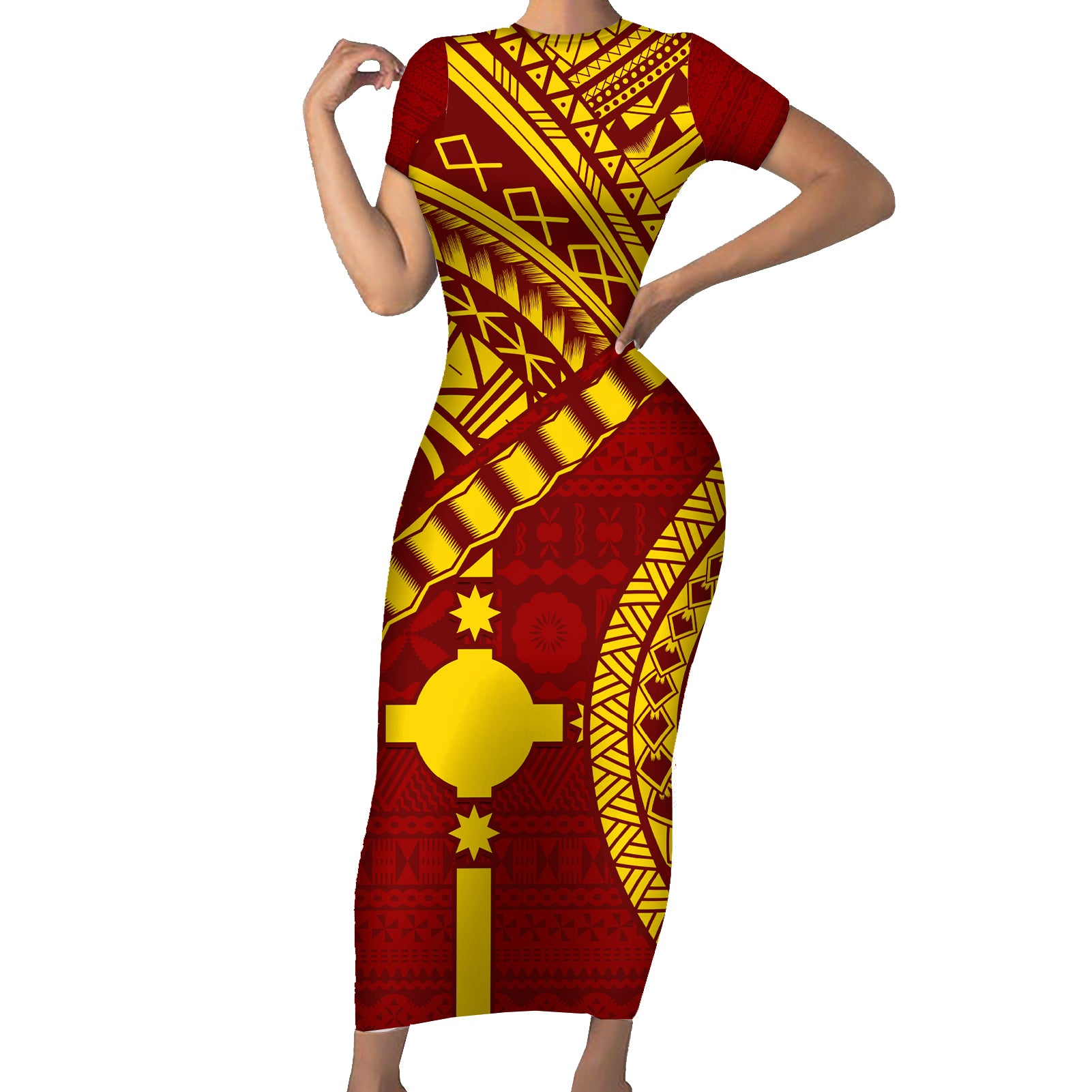Personalised Fiji Rotuma Short Sleeve Bodycon Dress Fijian Tapa Pattern LT14 Long Dress Maroon - Polynesian Pride