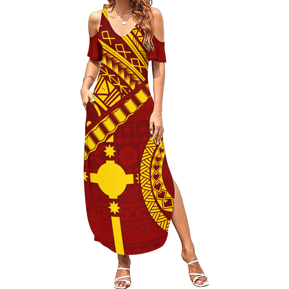 Personalised Fiji Rotuma Summer Maxi Dress Fijian Tapa Pattern LT14 Women Maroon - Polynesian Pride