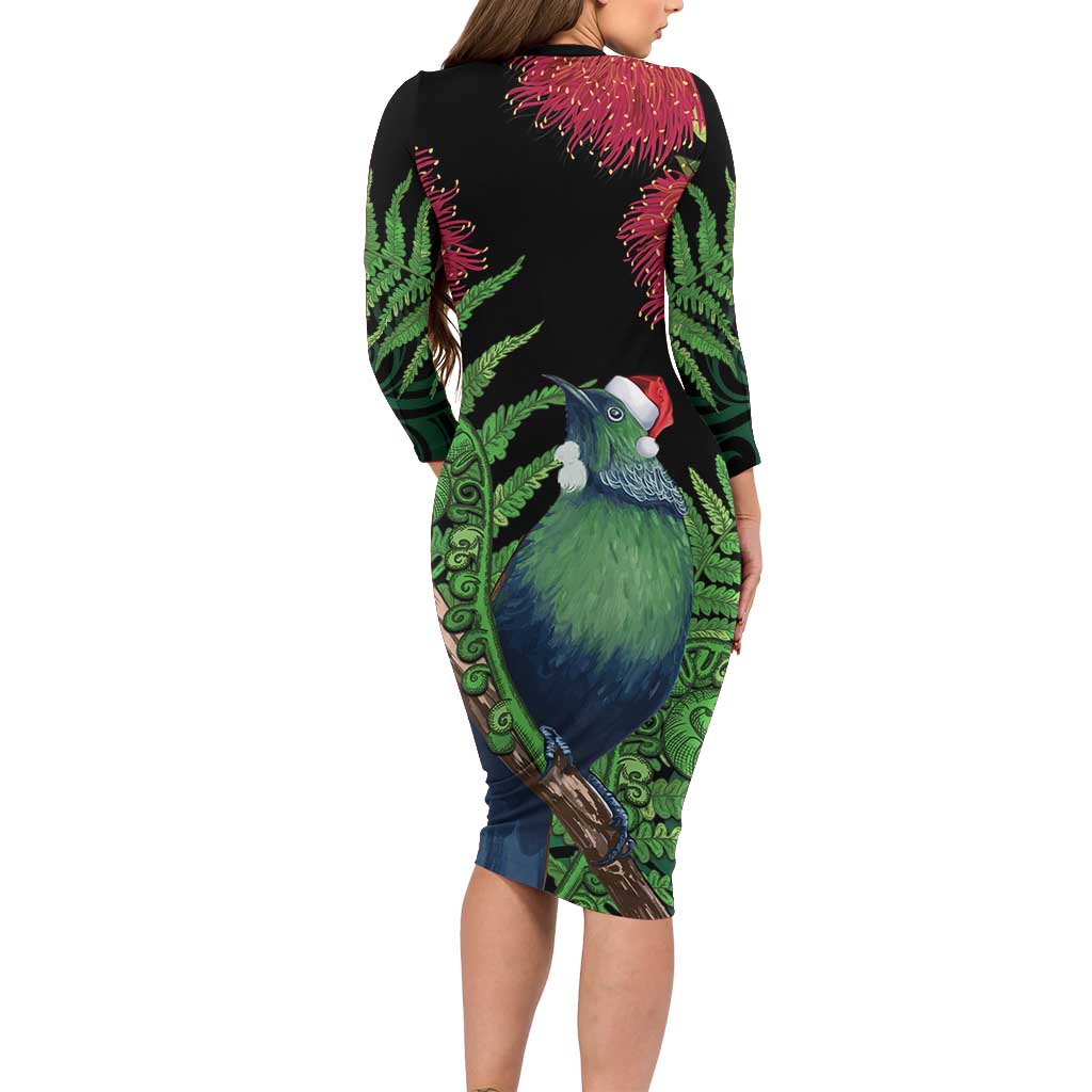 New Zealand Tui Bird Christmas Family Matching Long Sleeve Bodycon Dress and Hawaiian Shirt Maori Fern Mix Pohotukawa
