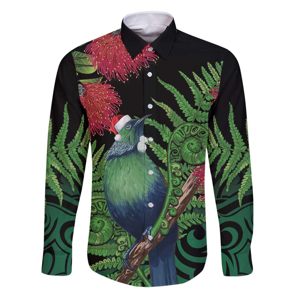 New Zealand Tui Bird Christmas Family Matching Mermaid Dress and Hawaiian Shirt Maori Fern Mix Pohotukawa LT14 Dad's Shirt - Long Sleeve Black - Polynesian Pride