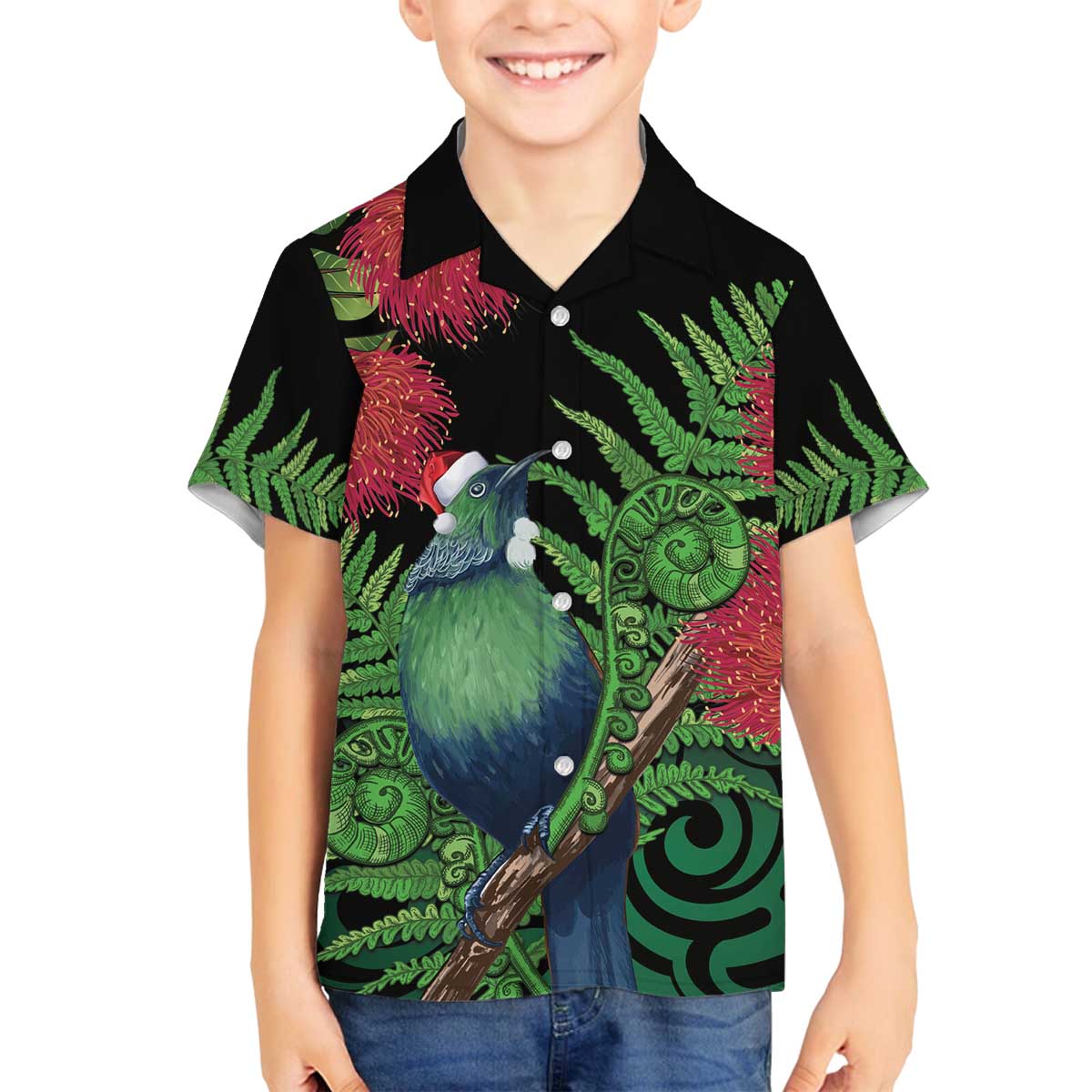 New Zealand Tui Bird Christmas Family Matching Off The Shoulder Long Sleeve Dress and Hawaiian Shirt Maori Fern Mix Pohotukawa
