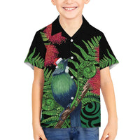 New Zealand Tui Bird Christmas Family Matching Summer Maxi Dress and Hawaiian Shirt Maori Fern Mix Pohotukawa LT14 Son's Shirt Black - Polynesian Pride