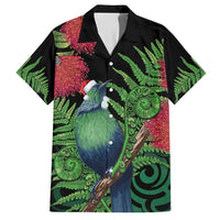 New Zealand Tui Bird Christmas Family Matching Tank Maxi Dress and Hawaiian Shirt Maori Fern Mix Pohotukawa LT14 Dad's Shirt - Short Sleeve Black - Polynesian Pride