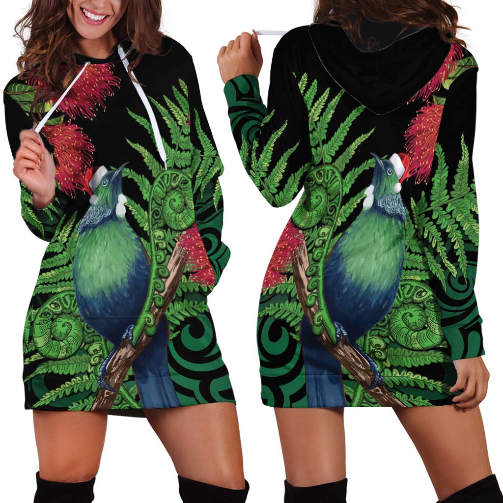 New Zealand Tui Bird Christmas Hoodie Dress Maori Fern Mix Pohotukawa