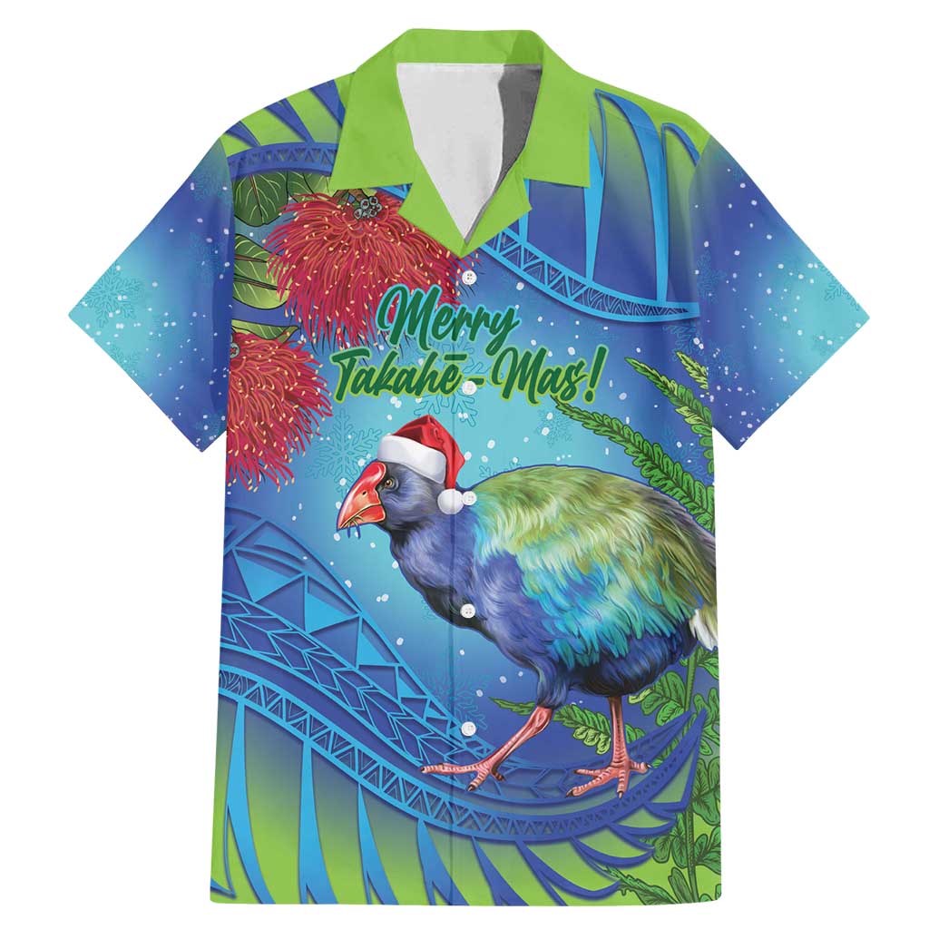 New Zealand Takahe Christmas Family Matching Mermaid Dress and Hawaiian Shirt Maori Fern Mix Pohotukawa LT14 Dad's Shirt - Short Sleeve Blue - Polynesian Pride