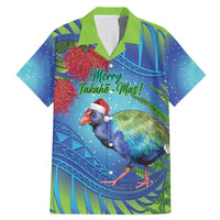 New Zealand Takahe Christmas Family Matching Mermaid Dress and Hawaiian Shirt Maori Fern Mix Pohotukawa LT14 Dad's Shirt - Short Sleeve Blue - Polynesian Pride
