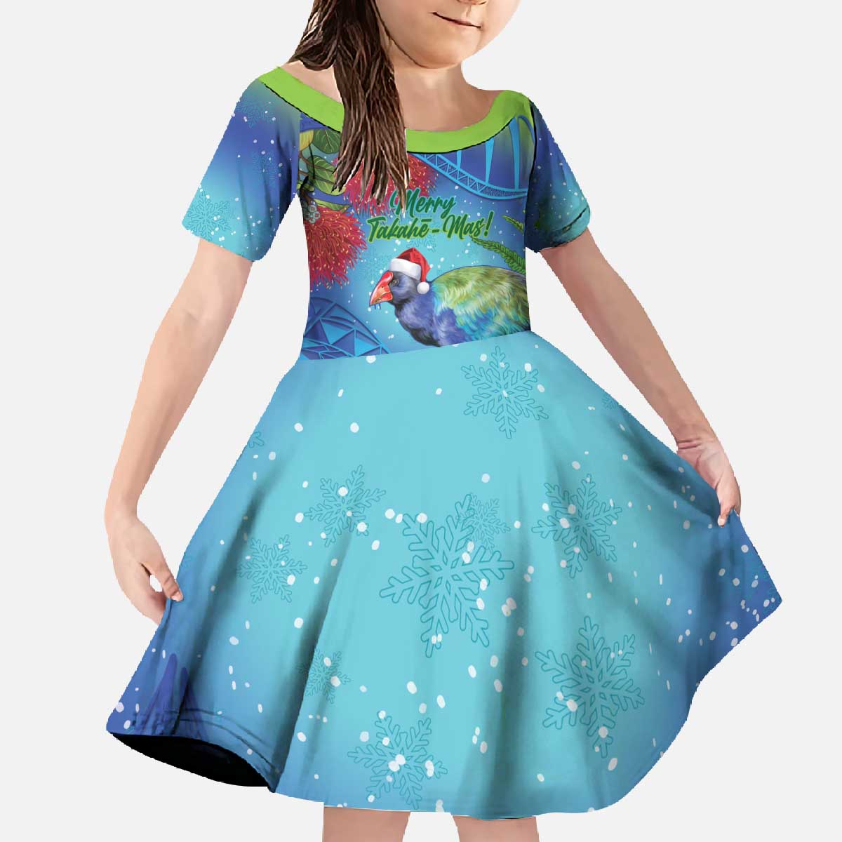New Zealand Takahe Christmas Family Matching Off The Shoulder Long Sleeve Dress and Hawaiian Shirt Maori Fern Mix Pohotukawa LT14 Daughter's Dress Blue - Polynesian Pride