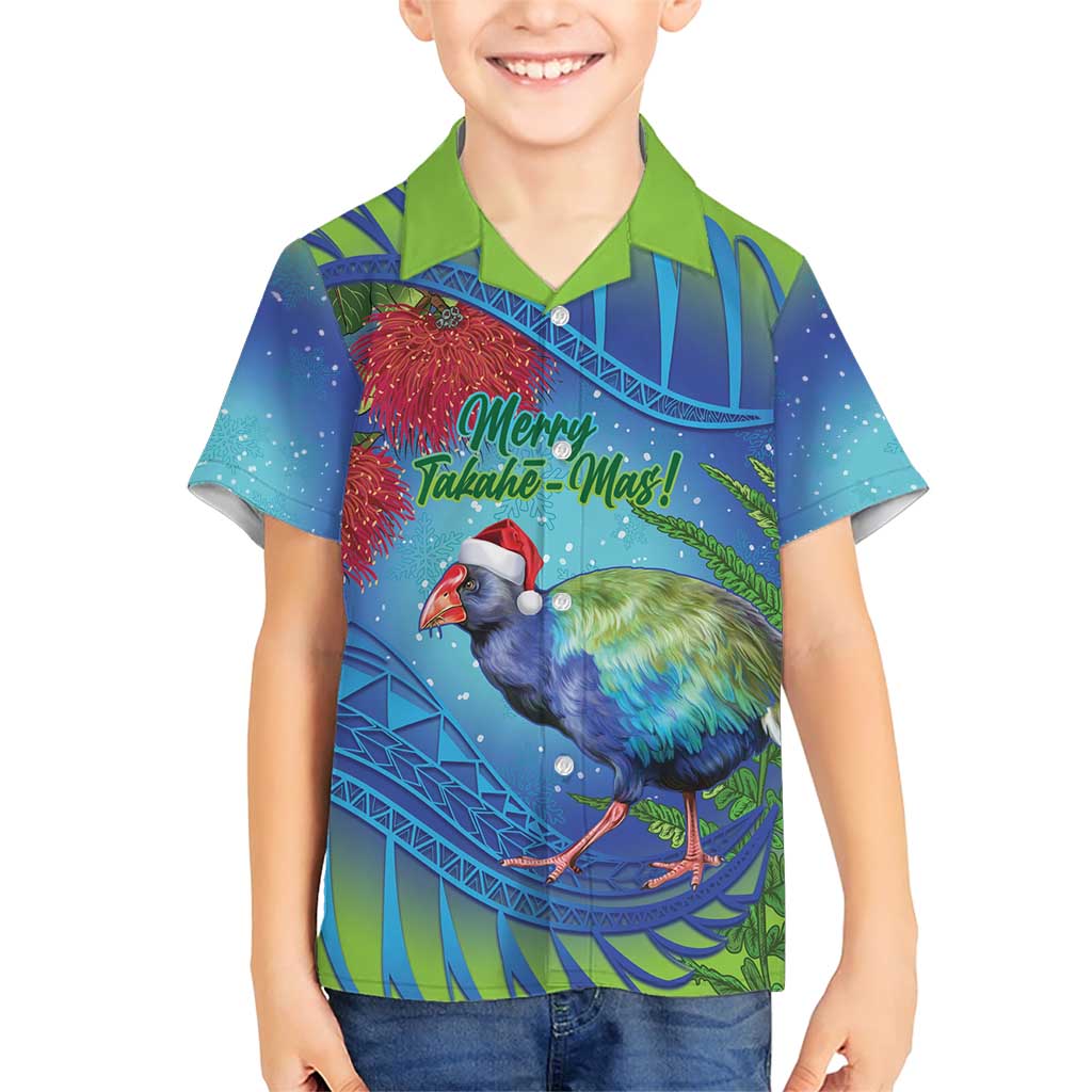 New Zealand Takahe Christmas Family Matching Short Sleeve Bodycon Dress and Hawaiian Shirt Maori Fern Mix Pohotukawa