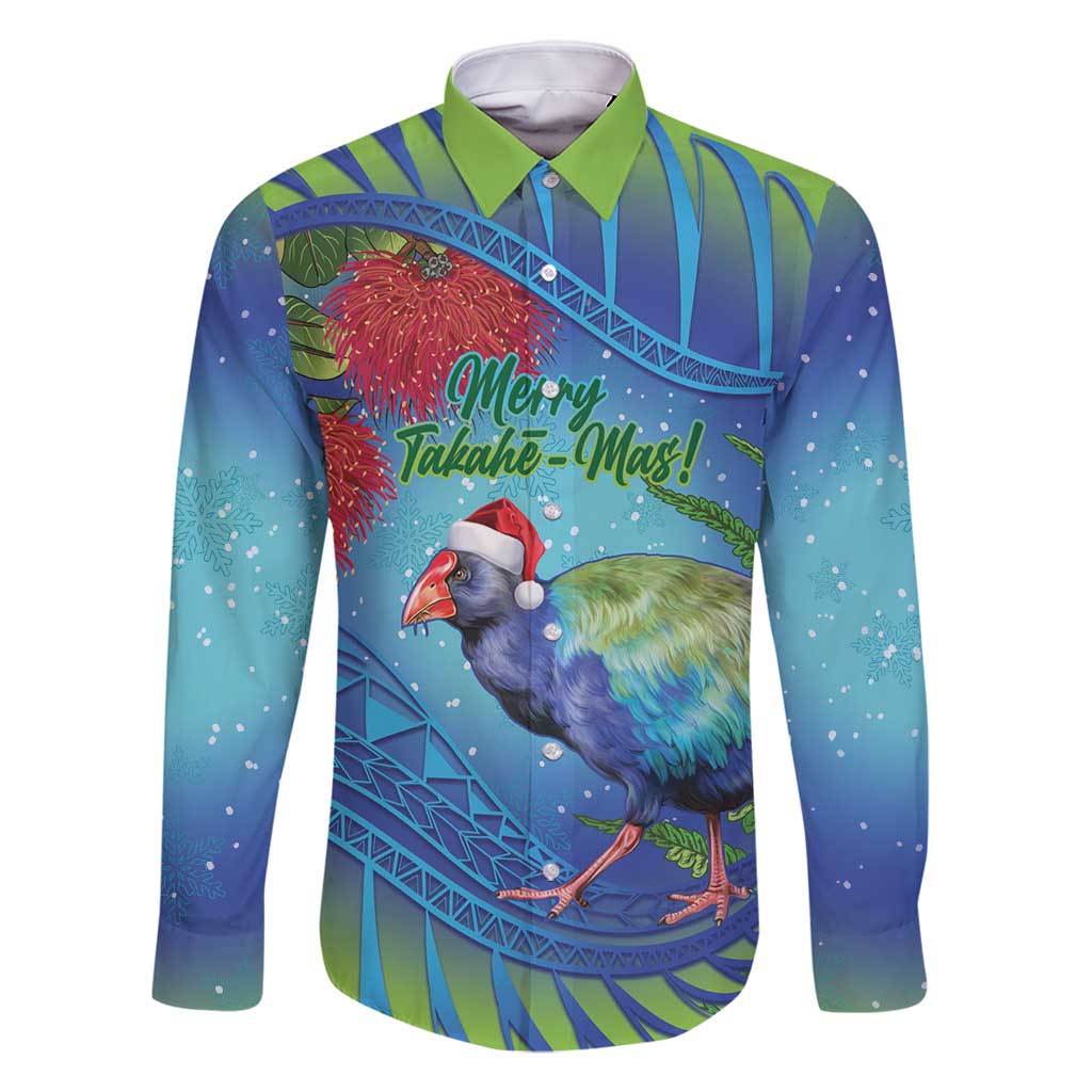 New Zealand Takahe Christmas Family Matching Tank Maxi Dress and Hawaiian Shirt Maori Fern Mix Pohotukawa LT14 Dad's Shirt - Long Sleeve Blue - Polynesian Pride