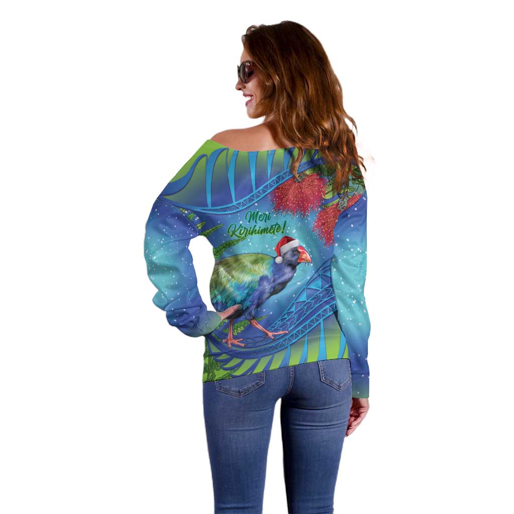 New Zealand Takahe Christmas Off Shoulder Sweater Maori Fern Mix Pohotukawa