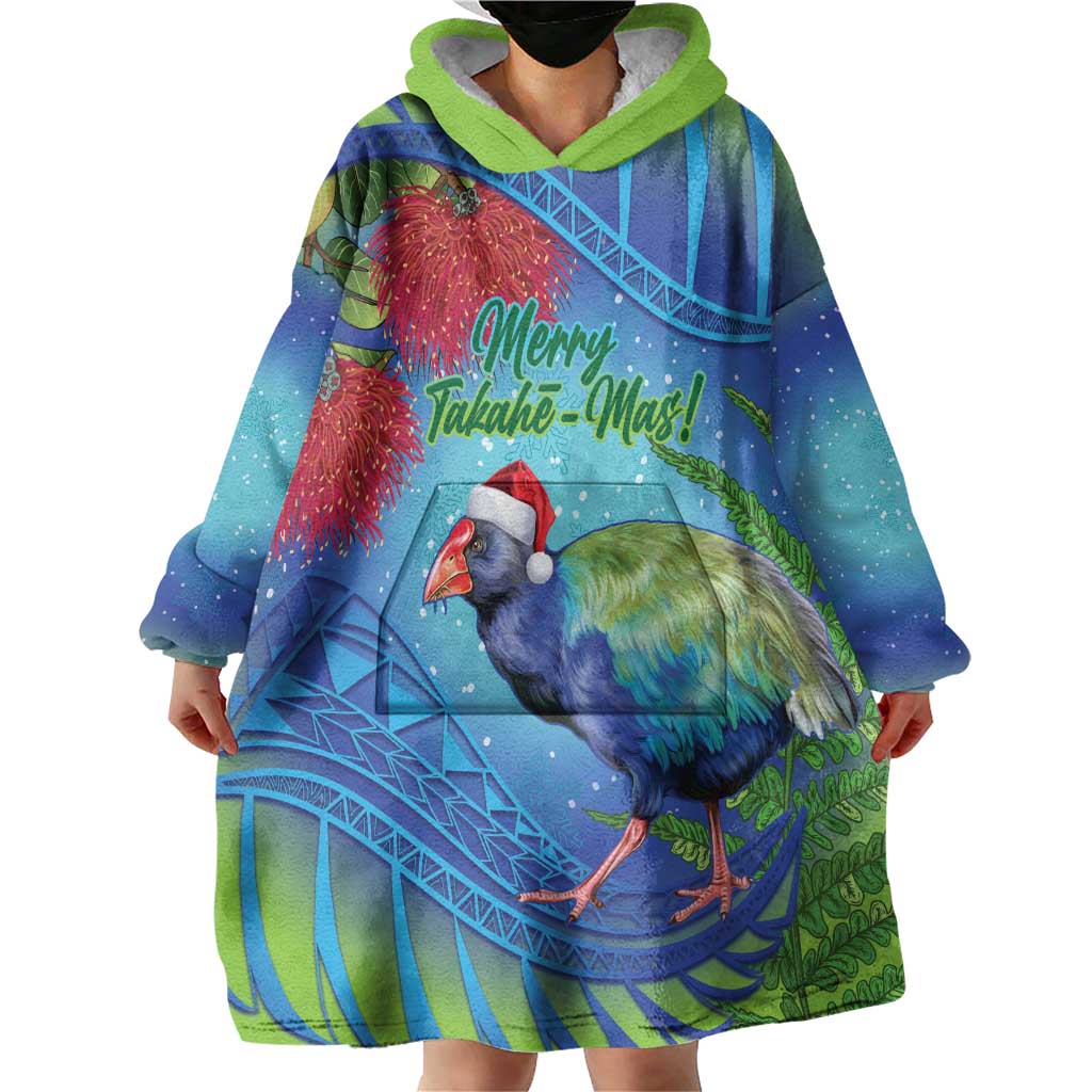 New Zealand Takahe Christmas Wearable Blanket Hoodie Maori Fern Mix Pohotukawa