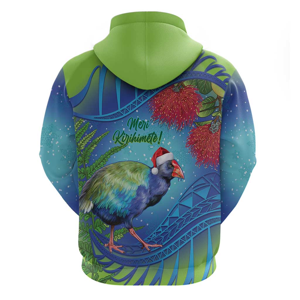 New Zealand Takahe Christmas Zip Hoodie Maori Fern Mix Pohotukawa