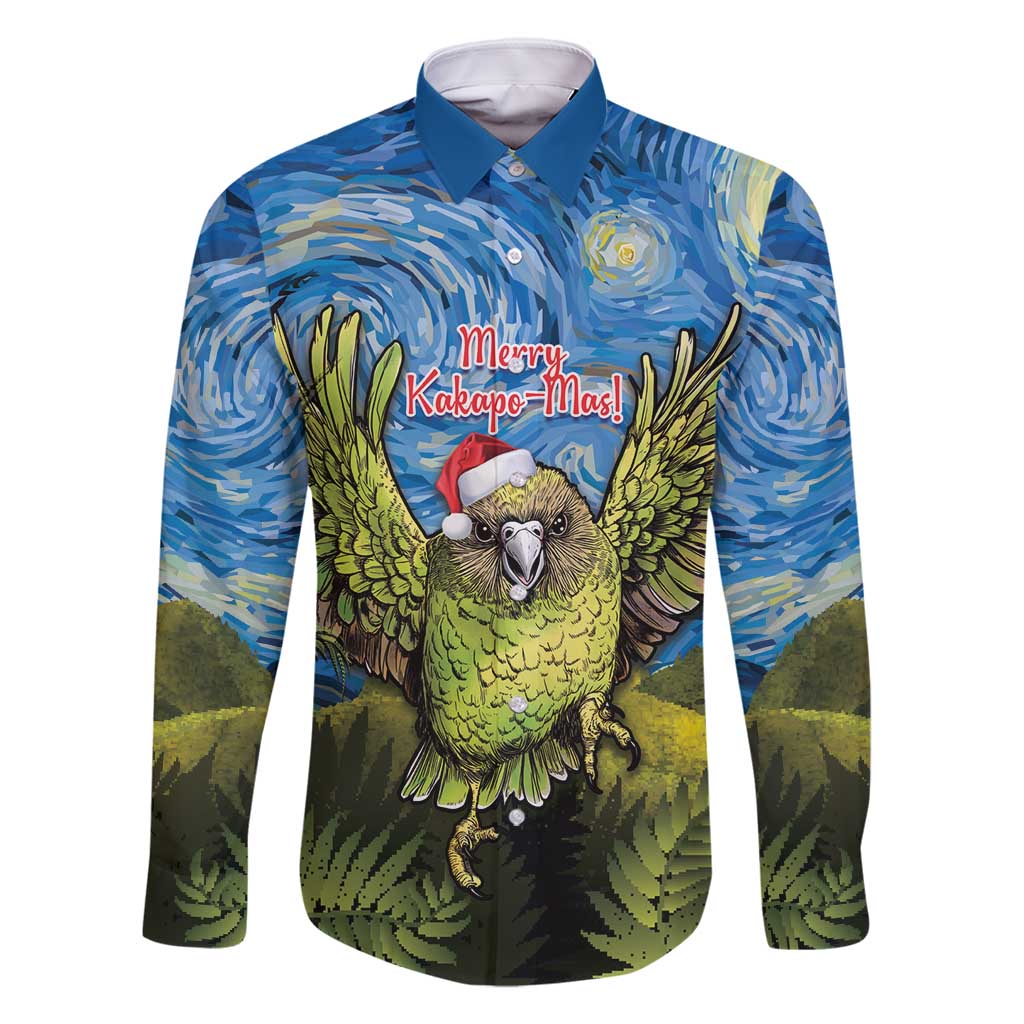Personalised Jumping Kakapo Christmas Family Matching Summer Maxi Dress and Hawaiian Shirt New Zealand Fern - Starry Night Style LT14 Dad's Shirt - Long Sleeve Green - Polynesian Pride