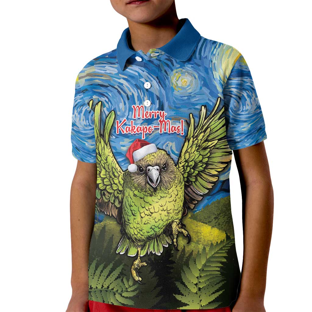 Personalised Jumping Kakapo Christmas Kid Polo Shirt New Zealand Fern - Starry Night Style