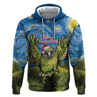 Personalised Jumping Kakapo Christmas Zip Hoodie New Zealand Fern - Starry Night Style LT14 Pullover Hoodie Green - Polynesian Pride
